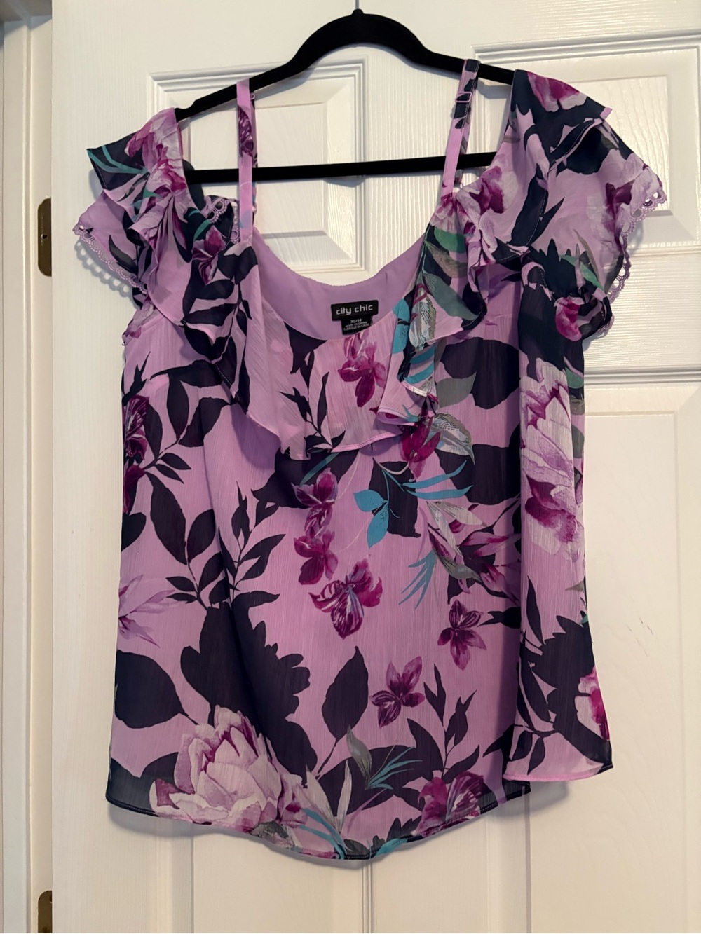 City Chic Lilac Floral Ruffle Cold-Shoulder Cami